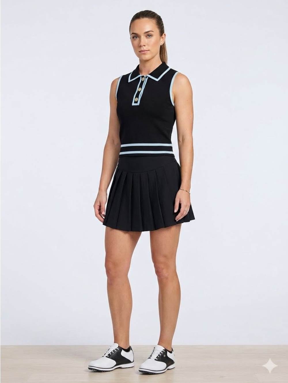 Sincerely Jules 2-Piece Set Knitted Polo Pleated Skirt Size M Black White Trim